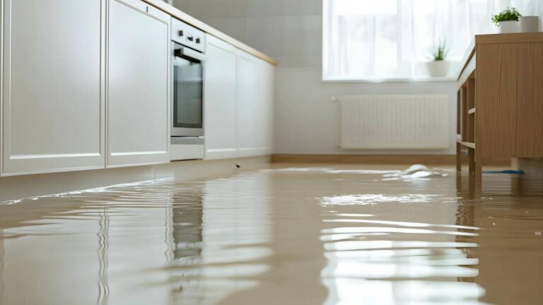 Flooded kitchen with standing water.