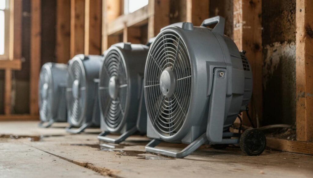 Row of gray fans for drying