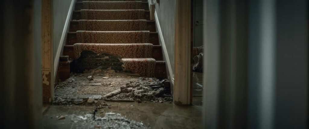 Damaged stairs with water and debris