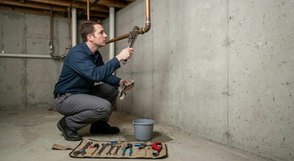 Man fixing a pipe in basement.