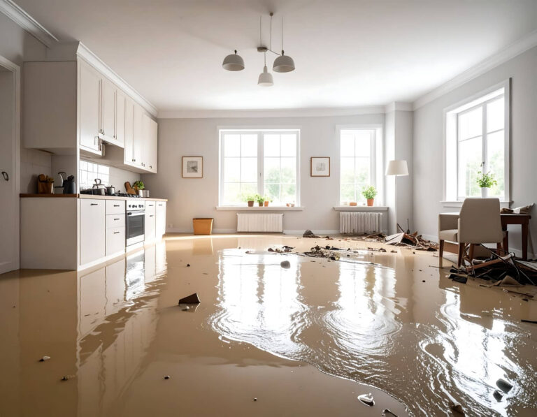Flooded kitchen with debris and water