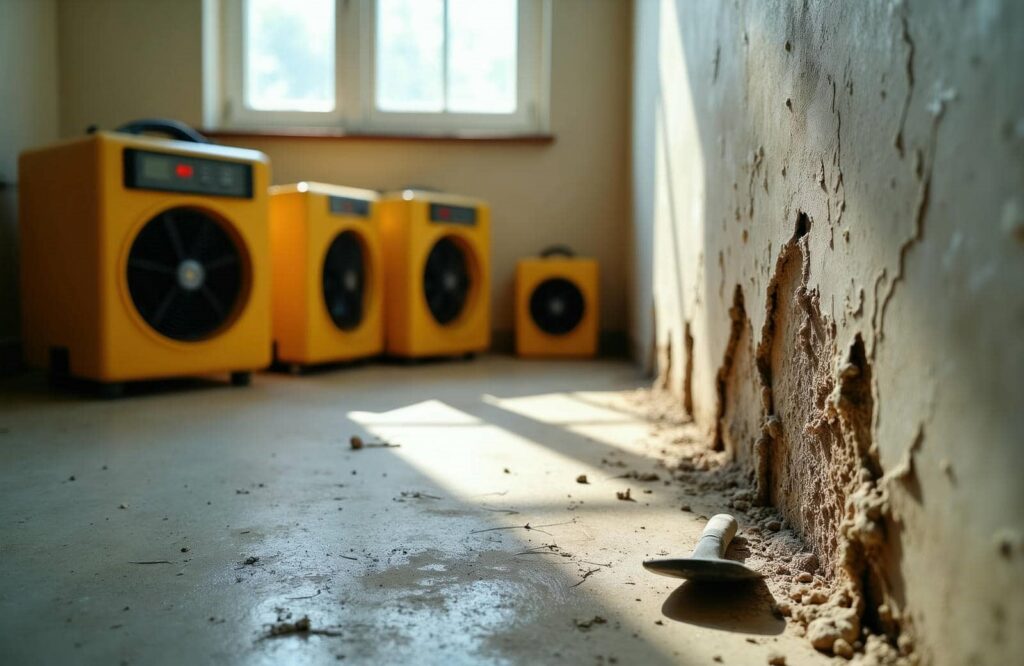 Water damage cleanup equipment in room