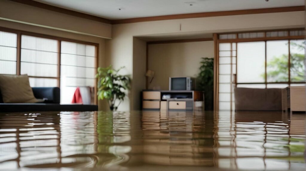 Flooded living room with standing water.