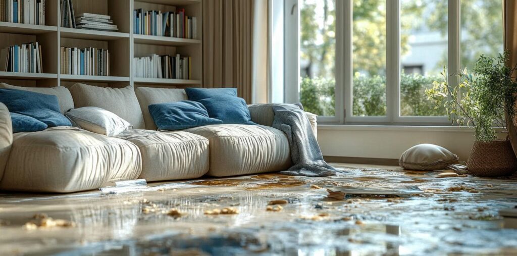 Flooded living room with damaged furniture.