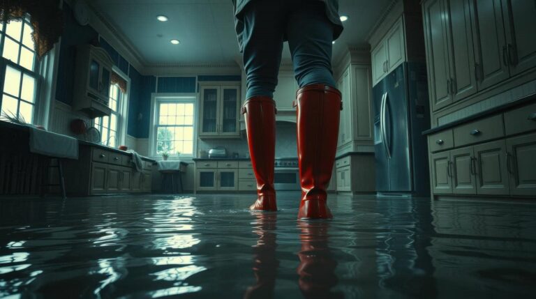 Person in red boots standing in flooded kitchen
