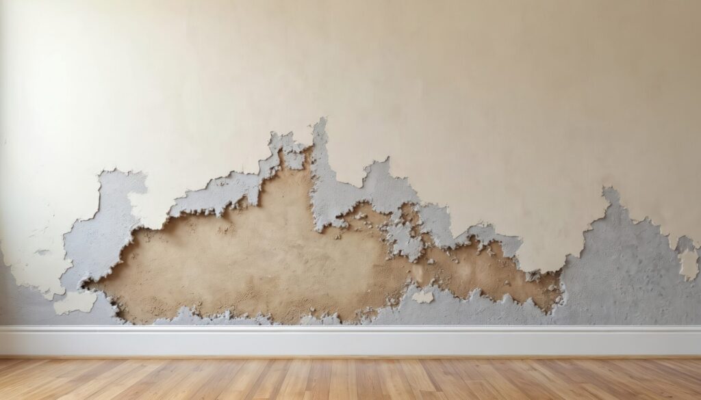 Peeling wall revealing underlying damage