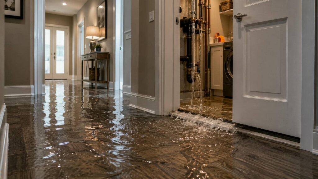 Flooded hallway due to burst pipe