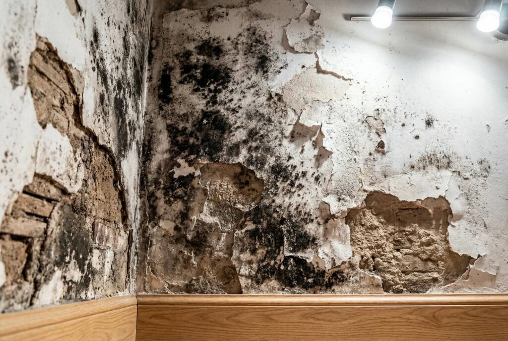Mold growth on damaged wall surface.