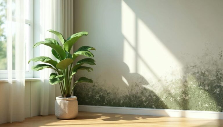 Indoor plant beside wall with mold