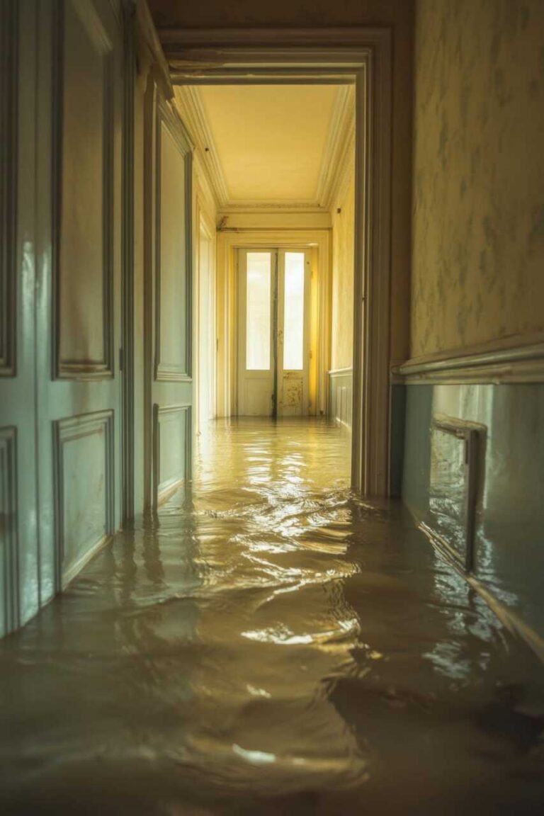 Flooded hallway with standing water