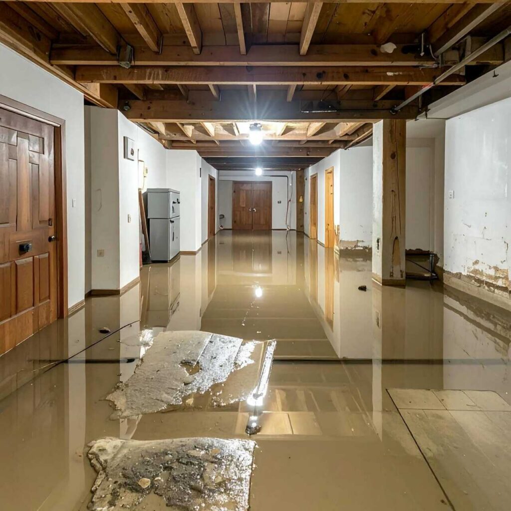 Flooded interior with water damage visible.