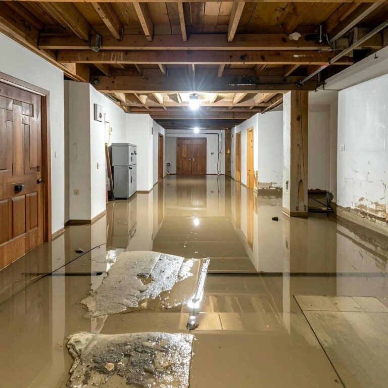 Flooded interior with water damage visible.