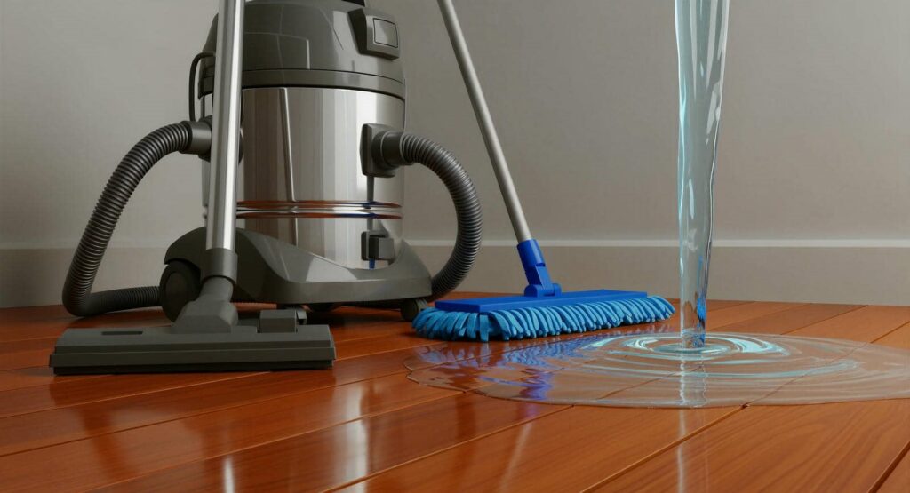Vacuum and mop near spilled water.