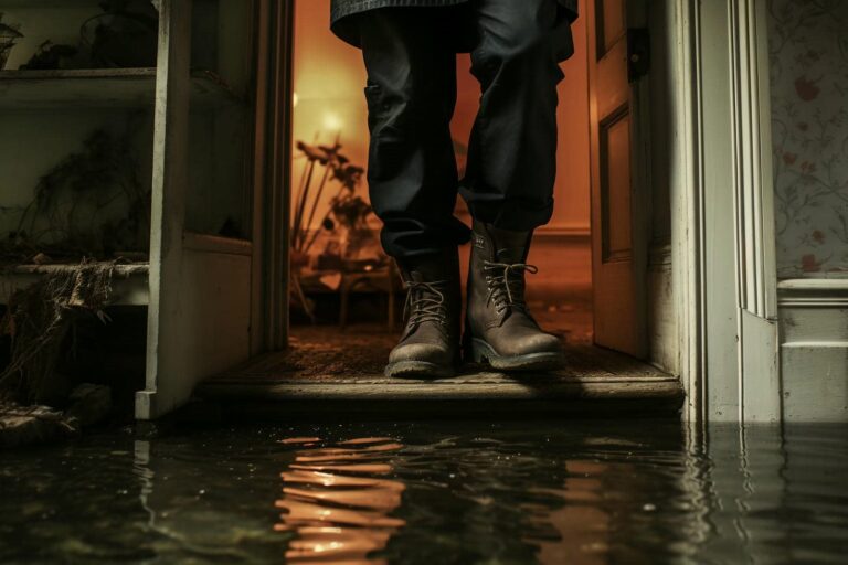 Person standing in flooded doorway.